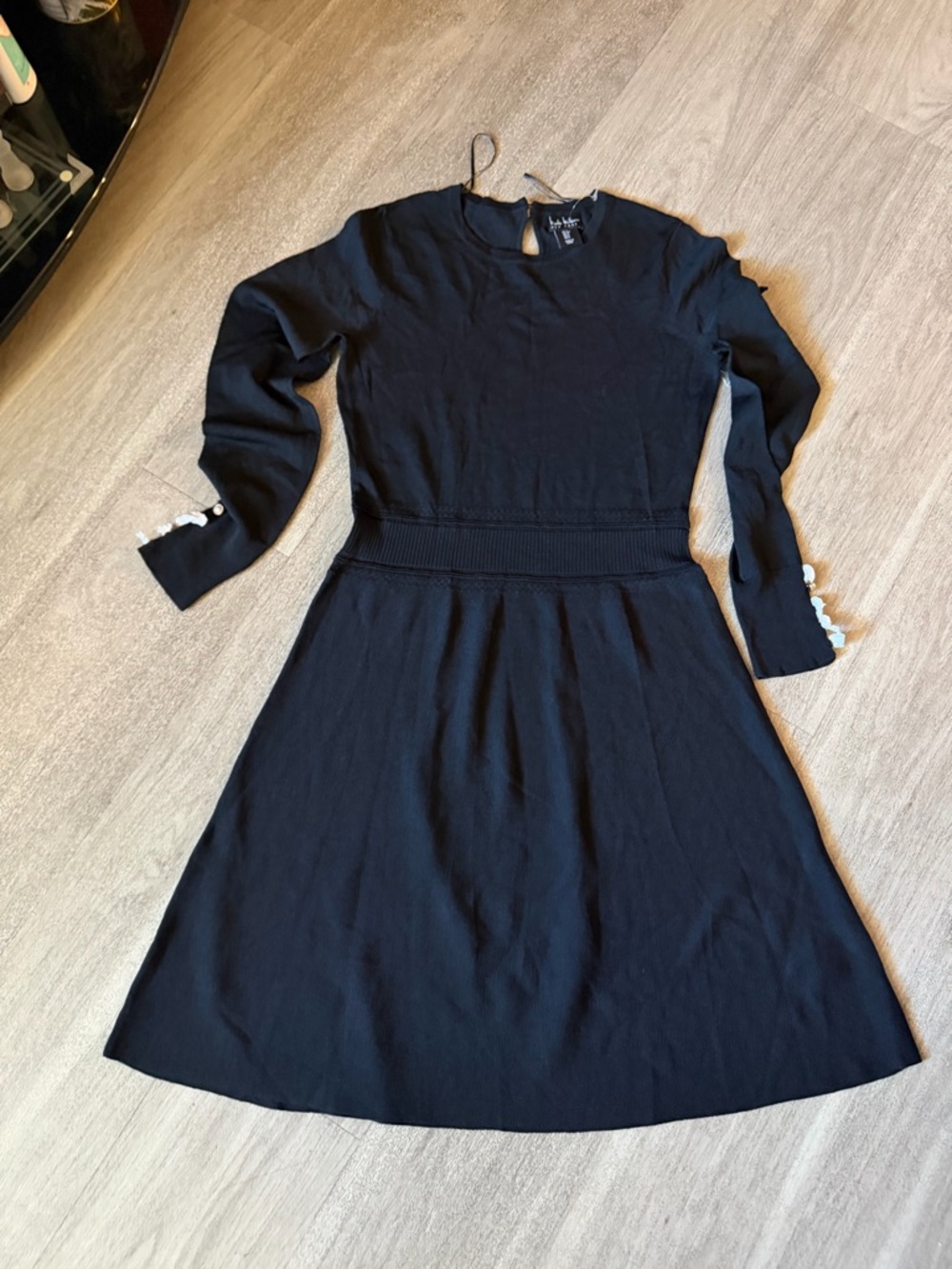 New Nicole Miller Black Long-Sleeve A-Line Dress with Pearl Button-Trim Cuffs S